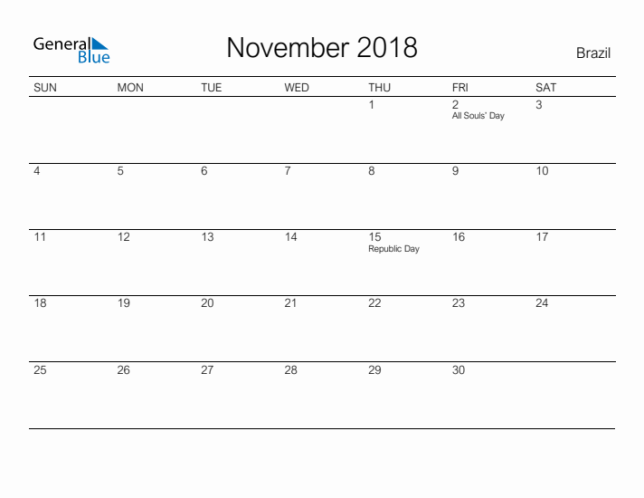 Printable November 2018 Calendar for Brazil