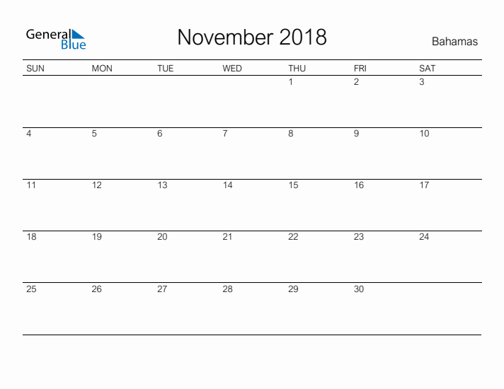 Printable November 2018 Calendar for Bahamas