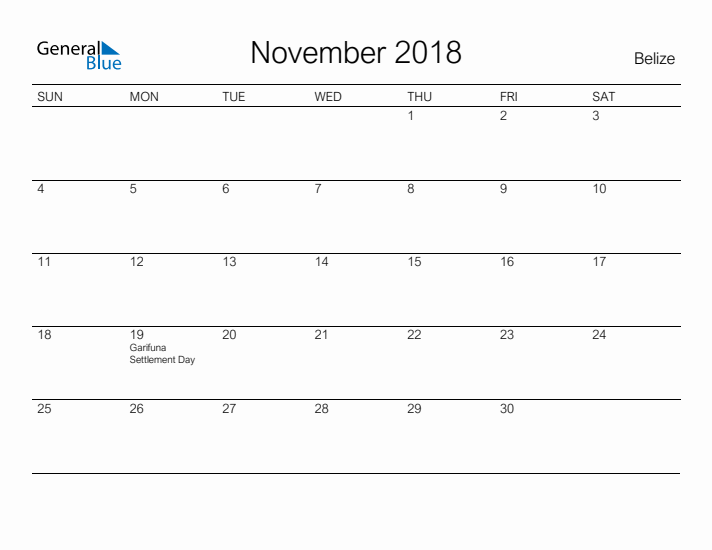 Printable November 2018 Calendar for Belize