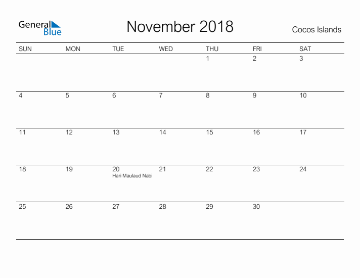 Printable November 2018 Calendar for Cocos Islands
