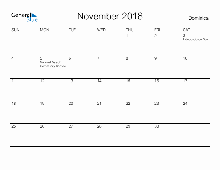 Printable November 2018 Calendar for Dominica