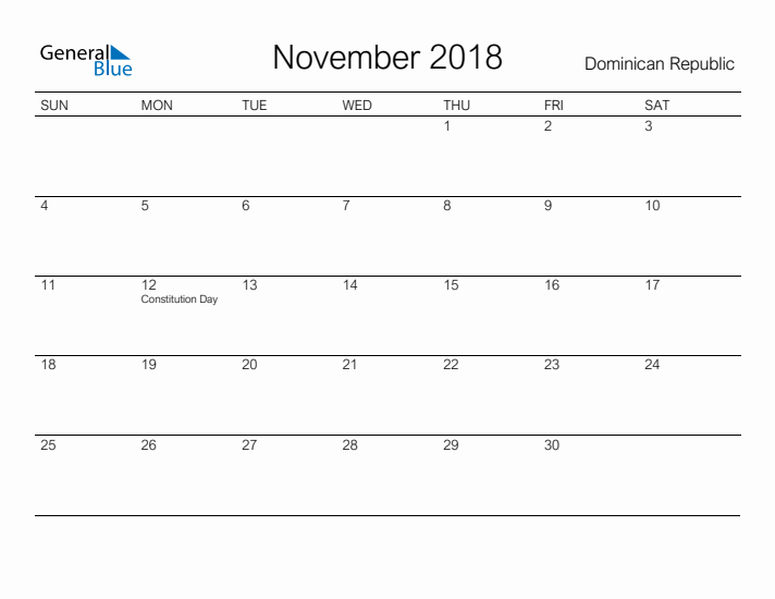 Printable November 2018 Calendar for Dominican Republic
