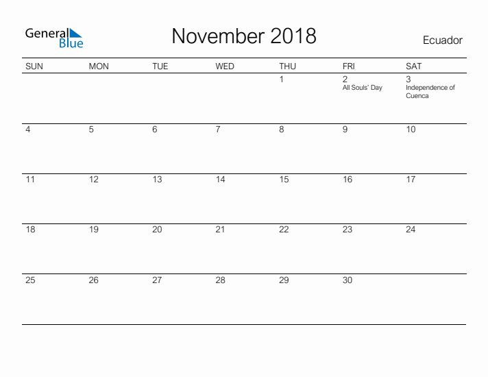 Printable November 2018 Calendar for Ecuador
