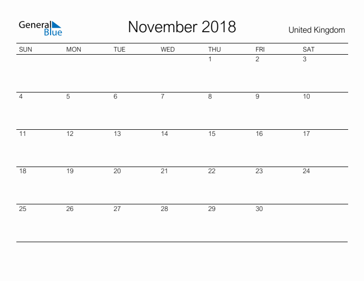 Printable November 2018 Calendar for United Kingdom