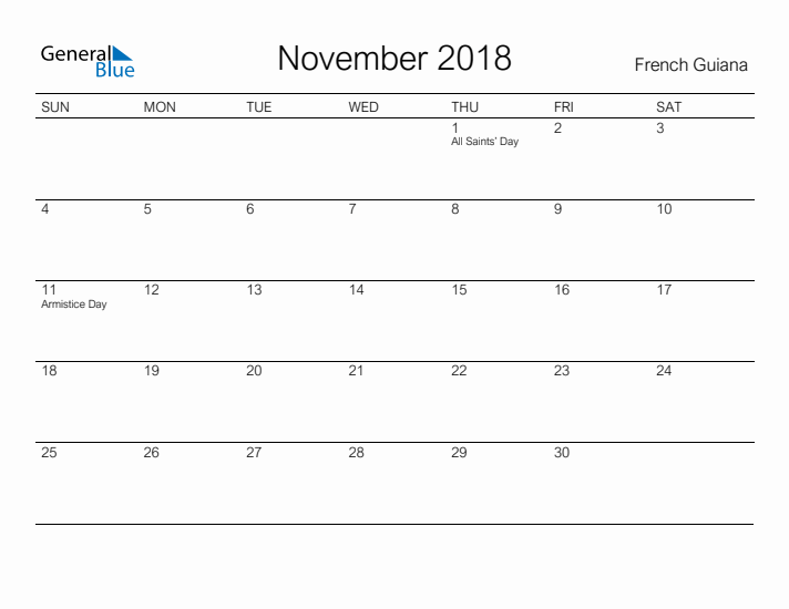Printable November 2018 Calendar for French Guiana