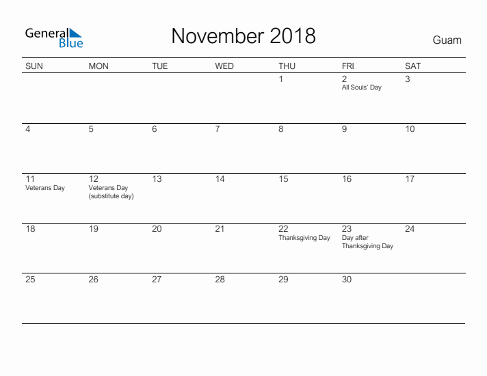 Printable November 2018 Calendar for Guam