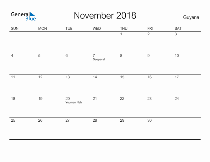 Printable November 2018 Calendar for Guyana