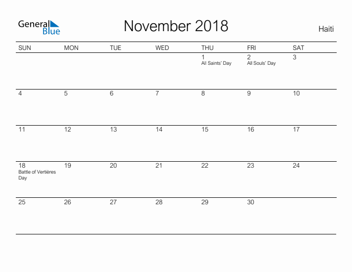 Printable November 2018 Calendar for Haiti