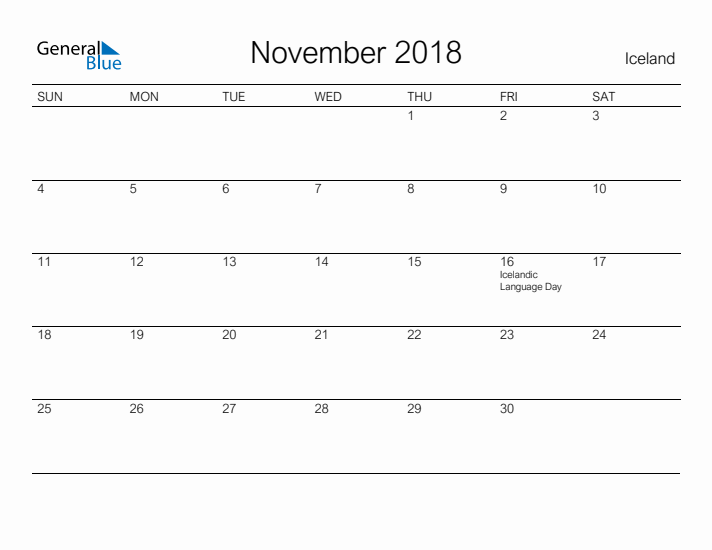 Printable November 2018 Calendar for Iceland