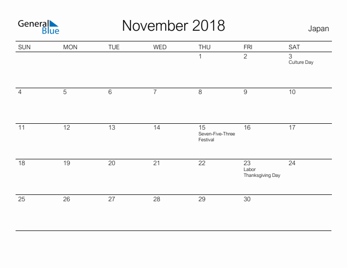 Printable November 2018 Calendar for Japan