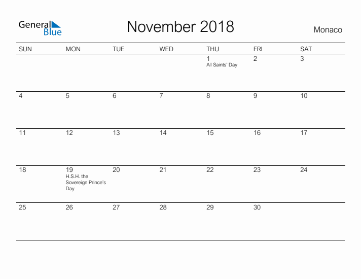 Printable November 2018 Calendar for Monaco