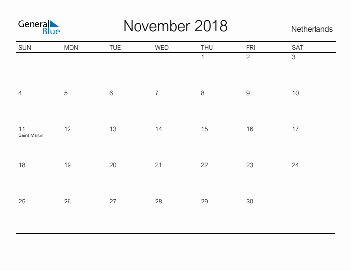 Printable November 2018 Calendar for The Netherlands