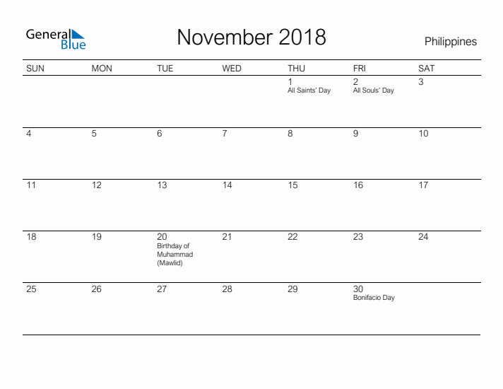 Printable November 2018 Calendar for Philippines