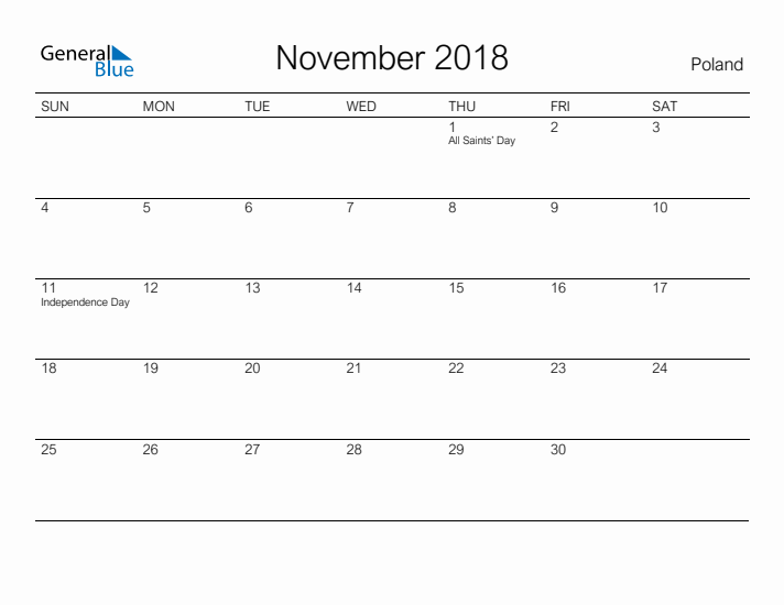 Printable November 2018 Calendar for Poland