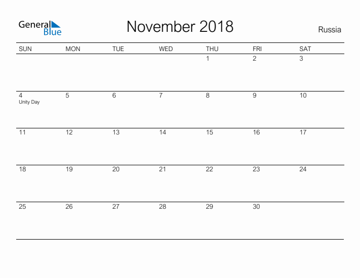 Printable November 2018 Calendar for Russia