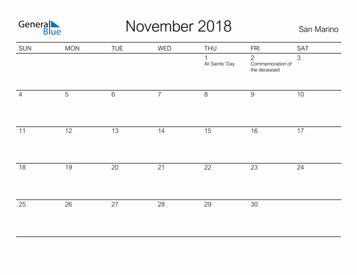 Printable November 2018 Calendar for San Marino