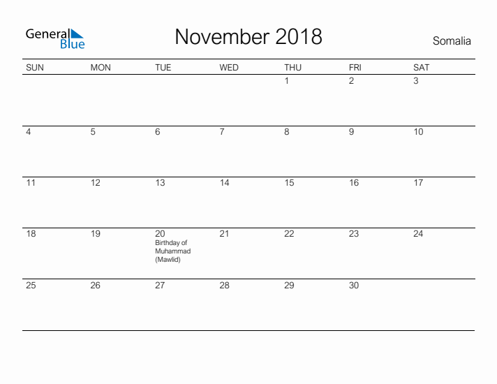 Printable November 2018 Calendar for Somalia