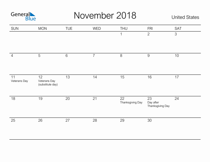 Printable November 2018 Calendar for United States