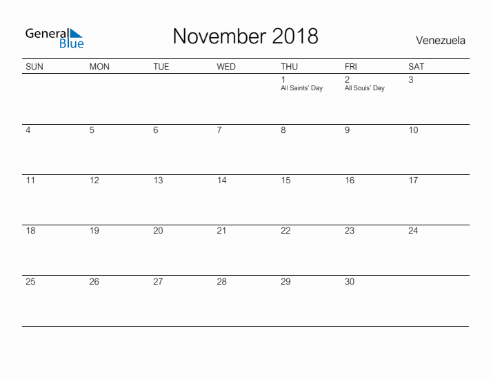 Printable November 2018 Calendar for Venezuela
