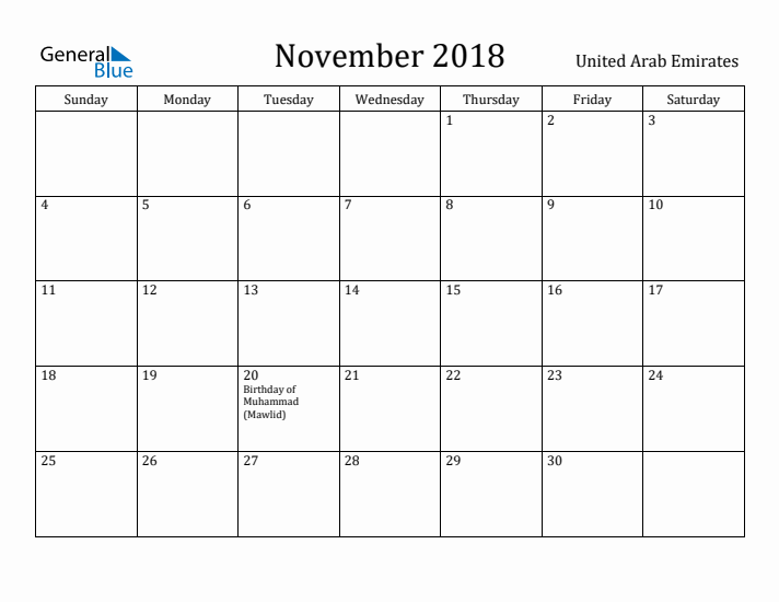 November 2018 Calendar United Arab Emirates