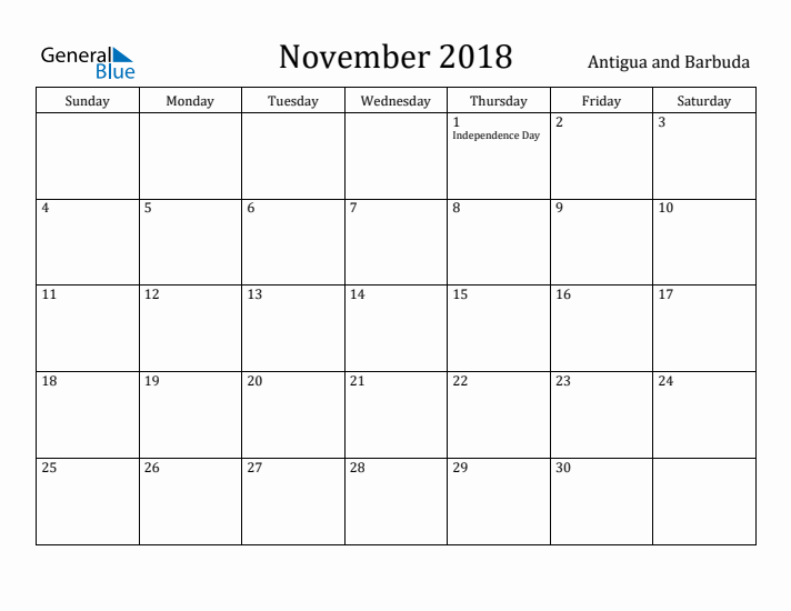 November 2018 Calendar Antigua and Barbuda