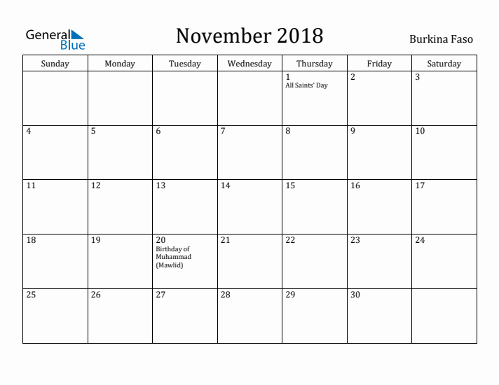 November 2018 Calendar Burkina Faso
