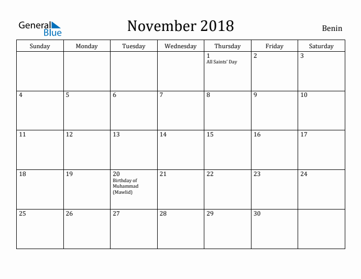 November 2018 Calendar Benin