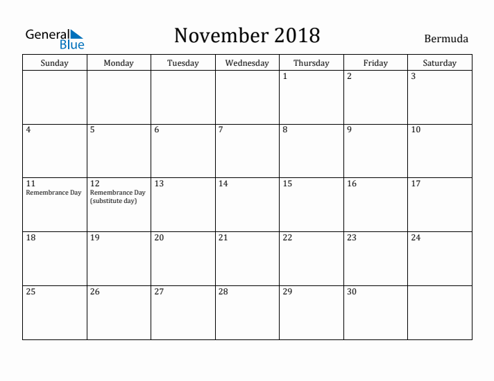 November 2018 Calendar Bermuda