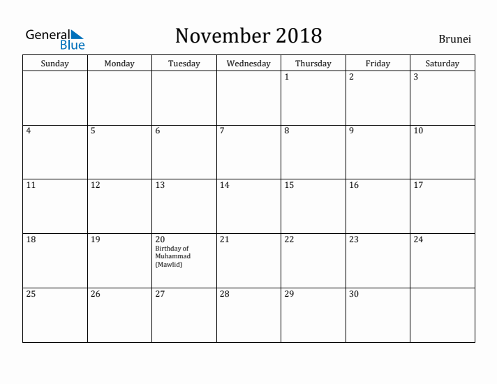 November 2018 Calendar Brunei