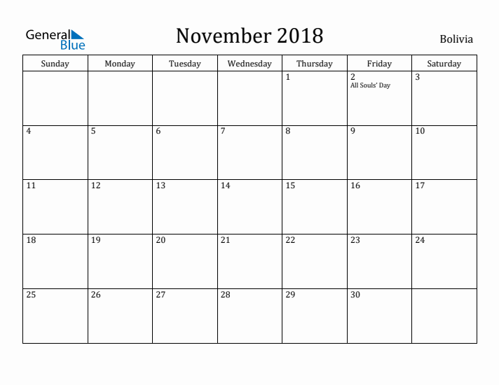 November 2018 Calendar Bolivia
