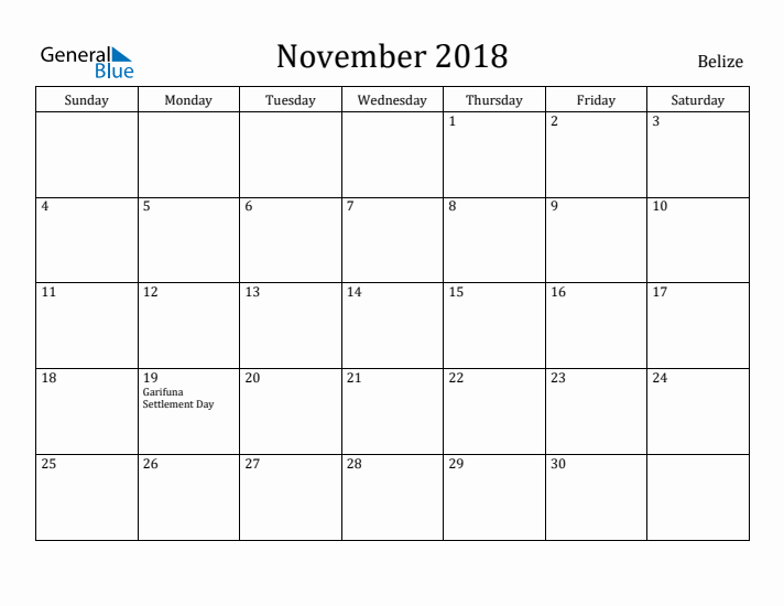 November 2018 Calendar Belize