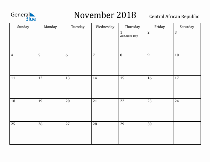 November 2018 Calendar Central African Republic