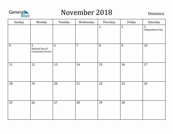 November 2018 Calendar Dominica