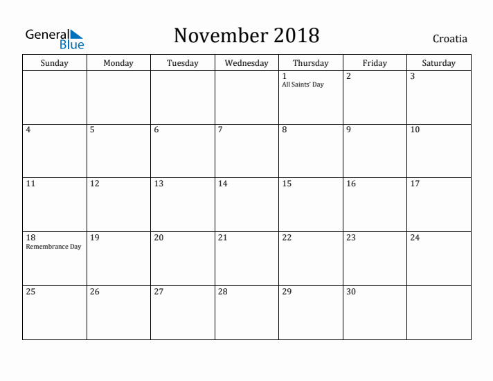 November 2018 Calendar Croatia