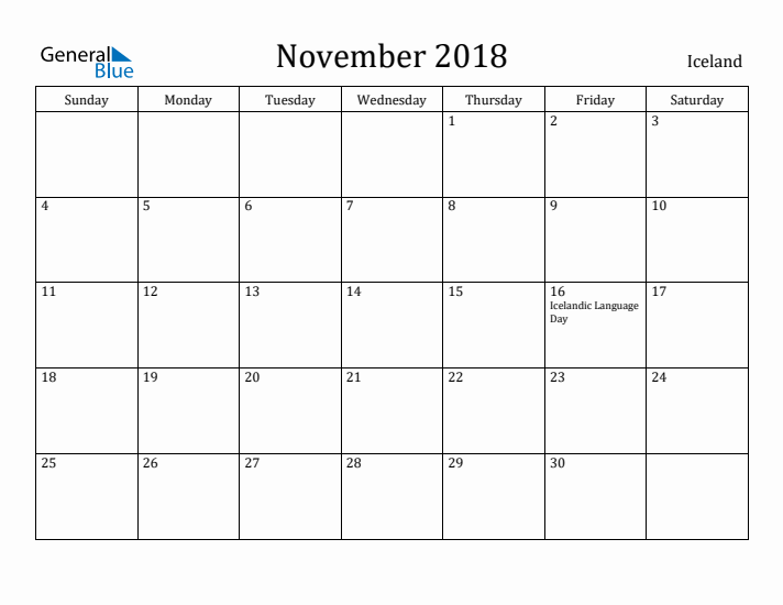 November 2018 Calendar Iceland