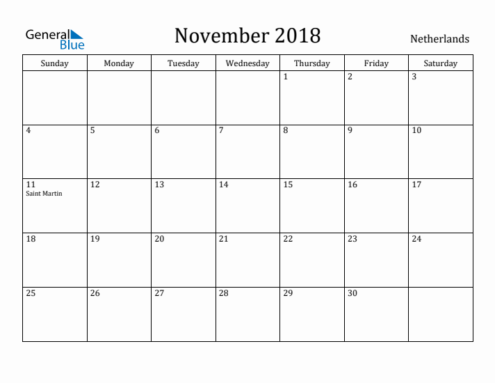 November 2018 Calendar The Netherlands