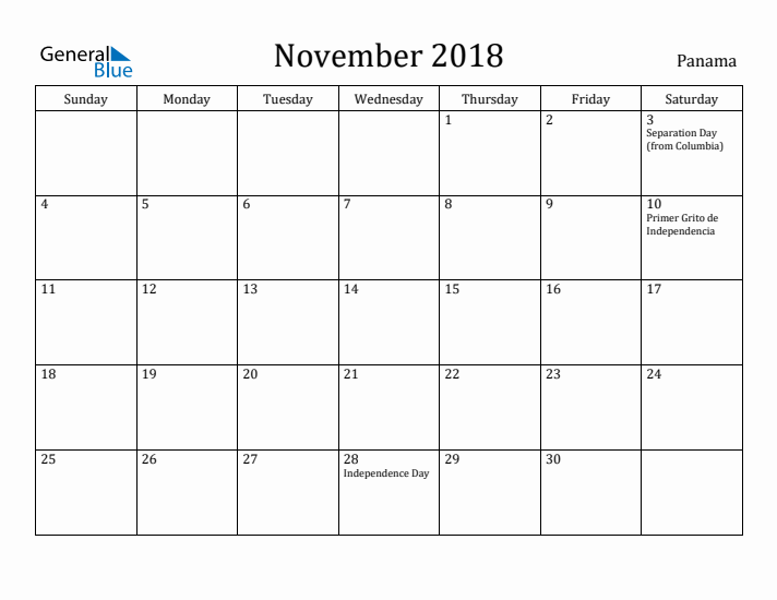 November 2018 Calendar Panama