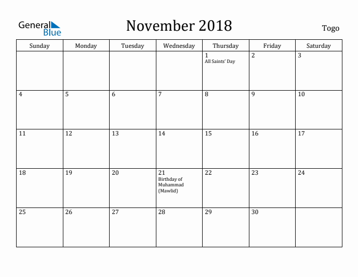 November 2018 Calendar Togo