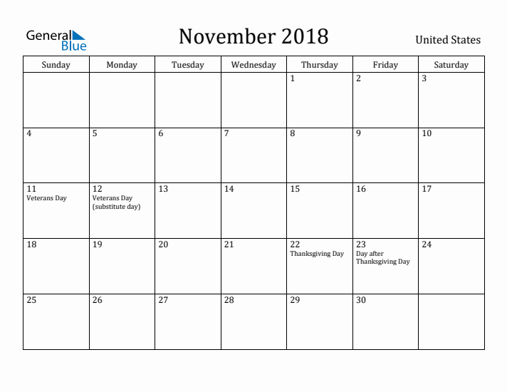 November 2018 Calendar Usa National Holidays