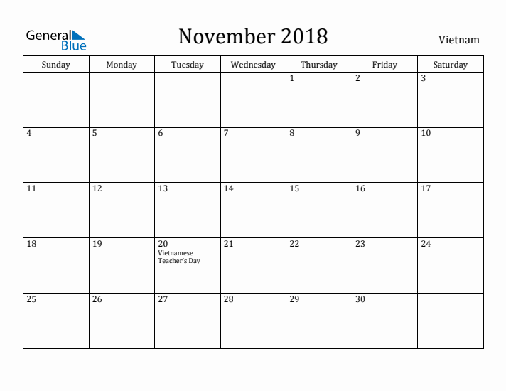 November 2018 Calendar Vietnam
