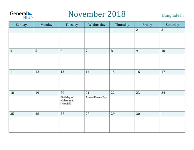 November 2018 Calendar with Holidays in PDF, Word, and Excel