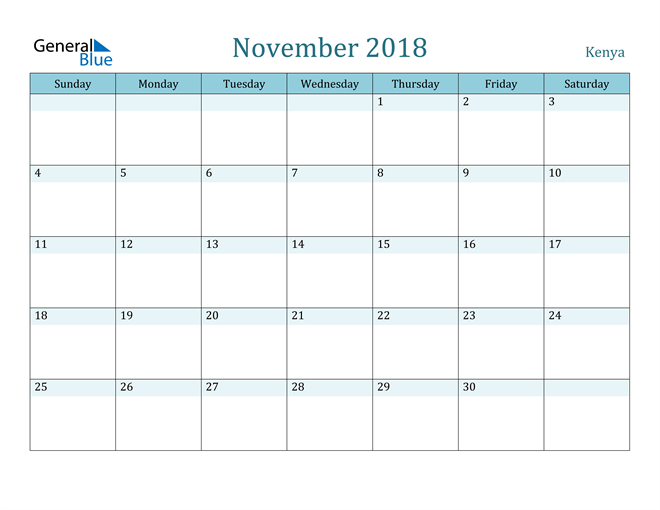 November 2018 Calendar with Holidays in PDF, Word, and Excel