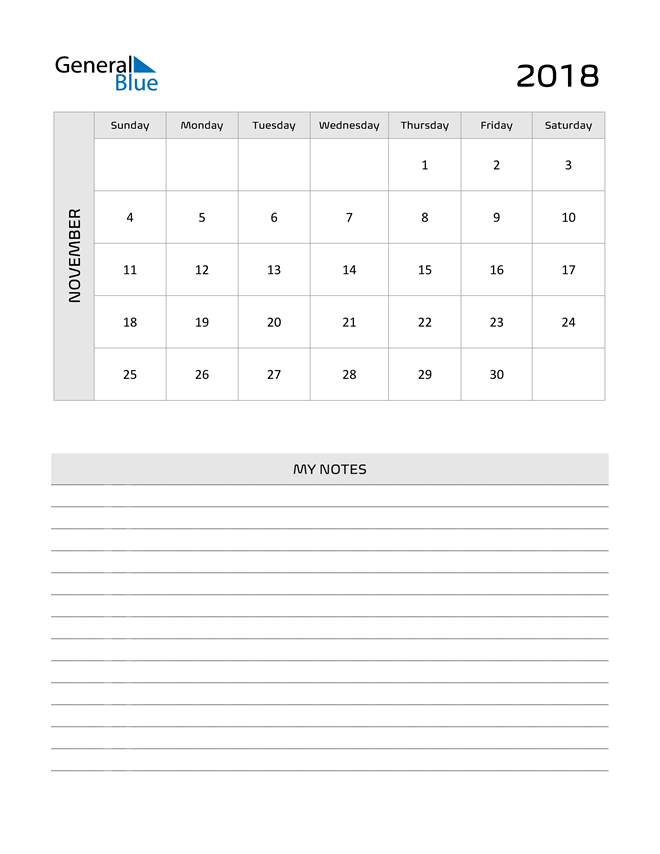  November 2018 Calendar Printable in PDF, Word, and Excel