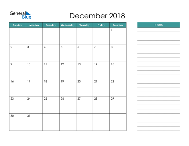  December 2018 Calendar with Notes