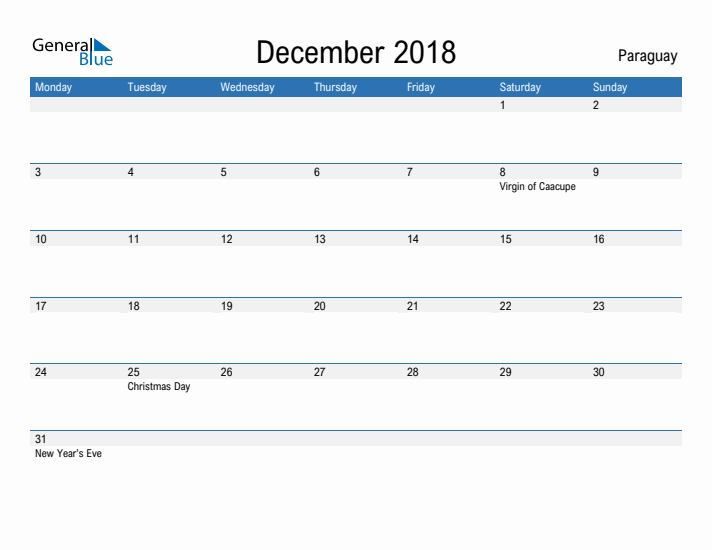 Fillable December 2018 Calendar