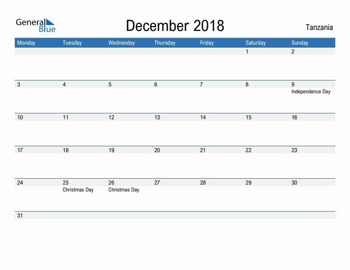 Fillable December 2018 Calendar