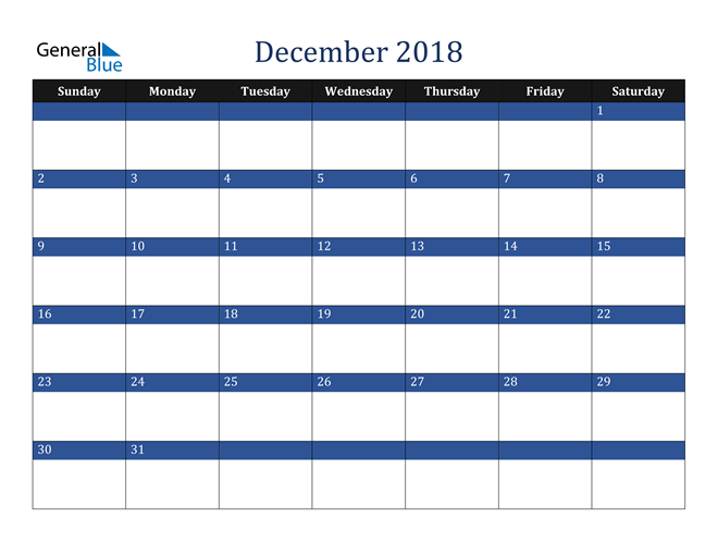  Calendar for December 2018 in PDF, Word and Excel