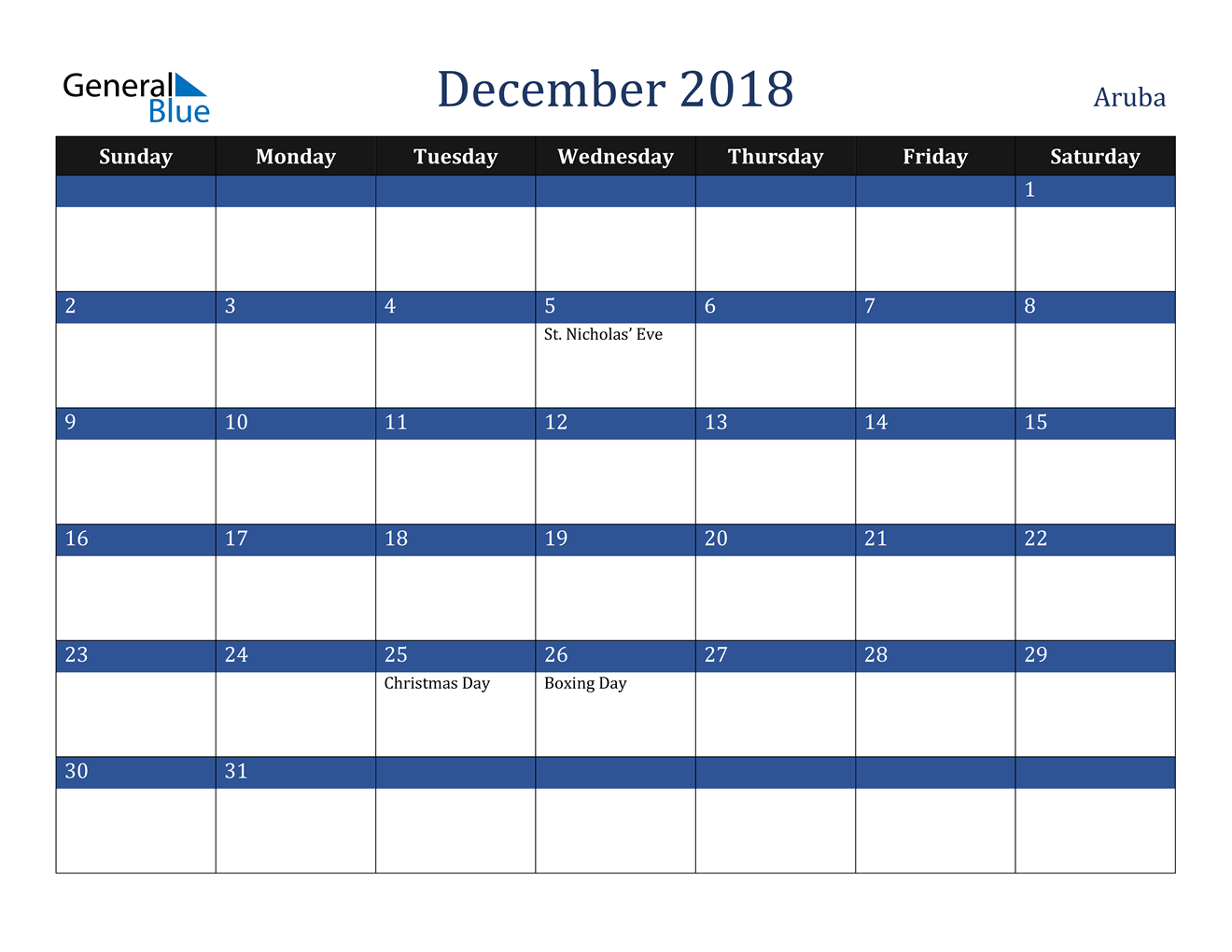 December 2018 Calendar Aruba