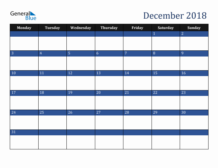 Monday Start Calendar for December 2018