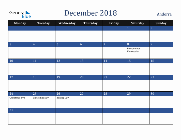 December 2018 Andorra Calendar (Monday Start)
